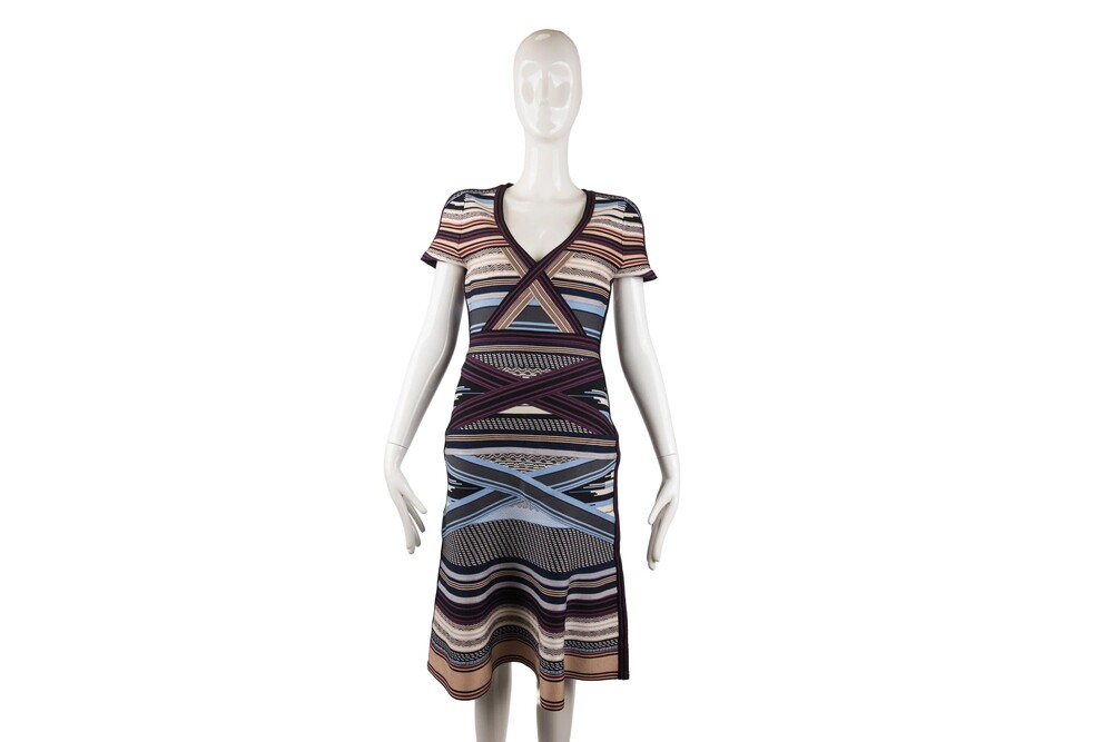 Herve Leger Blue Burgundy V-Neck Dress Bandage Knit Size L